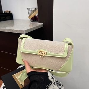Litchi pattern crossbody bag in beige weave and light green leather with metal lock