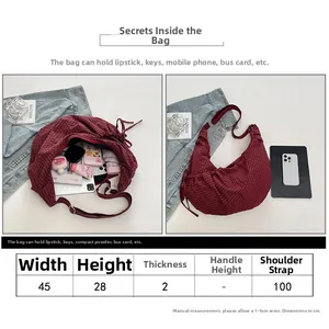 Size guide for large red plaid hobo bag with 45cm width and 100cm shoulder strap