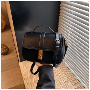 Detail of a black vintage crossbody bag showing golden rectangle twist lock and matte finish