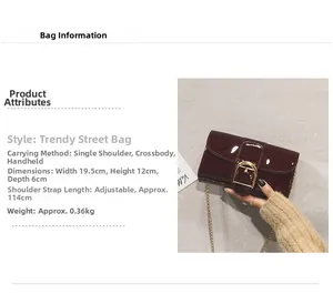Tableau des tailles détaillé montrant les dimensions et la chaîne de ce sac en cuir verni