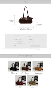 Detailed view of long PU leather shoulder bag specifications and available colors