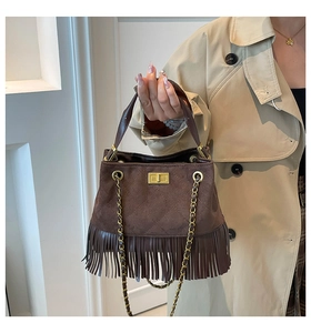 Macro detail of brown suede handbag featuring fringe trim and gold clasp closure