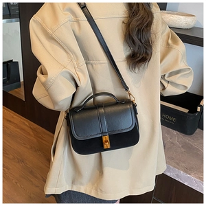 Close-up of minimalist black leather crossbody bag featuring a gold twist lock and top handle