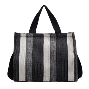 Large capacity striped canvas tote bag with black handles and adjustable shoulder strap
