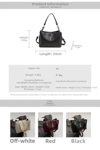 Detail view of lychee pattern PU leather bag showing size specs and color variants