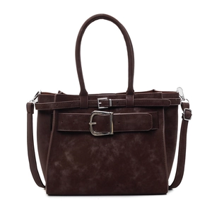 Retro brown suede underarm bag with vintage texture and adjustable decorative buckles