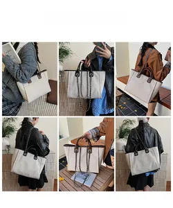 Detailed views of beige canvas tote bag with leather trim and chain strap on models