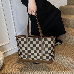 Chic checkerboard canvas tote bag with brown leather trim and large capacity storage