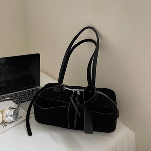 Minimalist black frosted suede shoulder bag with tassel zipper and urban style accessories