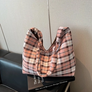 Sac fourre-tout en toile à carreaux rose et marron avec poignée nouée, grand sac élégant