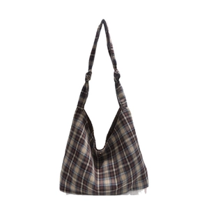 Sac bandoulière en toile à carreaux classique avec motif tartan marron et bleu et nœud décoratif