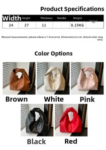 Detailed size chart and multi-color display of PU leather ruched cloud tote bags