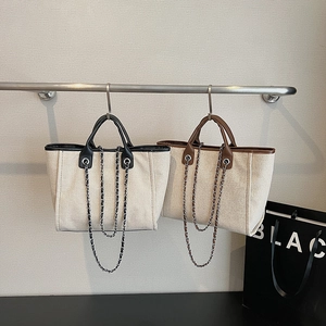 Canvas Tote Bag With PU Leather Trim Large Capacity Retro Minimalist Shoulder Bag With Metal Chain Strap Women Fashion