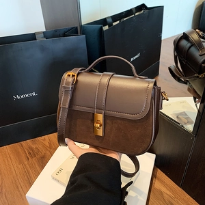 Chic brown minimalist square crossbody bag with suede patchwork and gold twist lock clasp