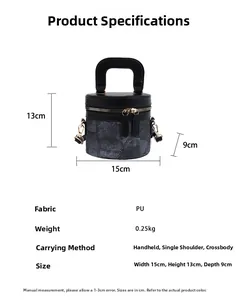 Detaillierte Produktmaße und technische Daten für die schwarze PU-Leder-Eimertasche