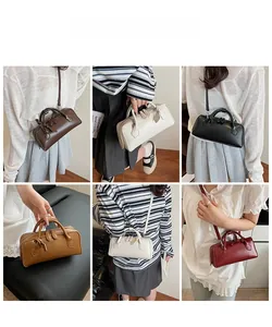 Collage of chic doctor-style handbags in five solid colors with adjustable shoulder straps