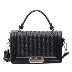 Classic black woven texture shoulder bag with silver turn-lock and top handle