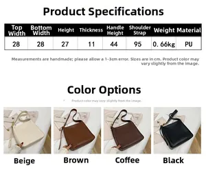 Detailed size chart and four color options for large capacity PU leather tote bag