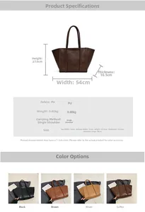 Detailed size specifications and multi-color options for the large PU leather tote bag