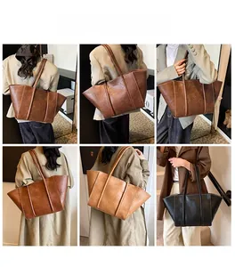 Collage of large tote bags in brown and black leather colors styled with outfits