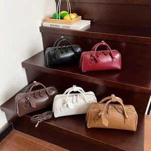 Women PU Leather Boston Handbag French Style Fashion Versatile Shoulder Crossbody Bag Dual Handles Detachable Strap