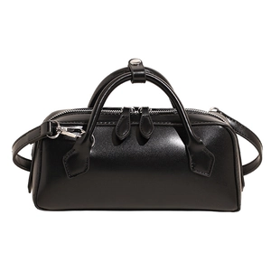 Classic black leather bowling bag with top handles and silver zipper hardware