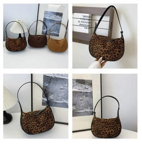 Minimalist half-moon shoulder bags in leopard print and vintage suede finishes