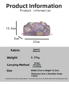 Dimensions de la pochette brodée violette avec tableau des tailles 27x13,5x5cm
