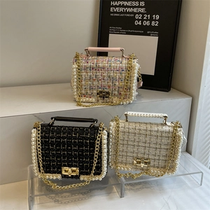 Elegant Tweed Artificial Pearl Handbag For Women Vintage Chain Crossbody Bag With Metal Lock And Braided Handle Fashionable