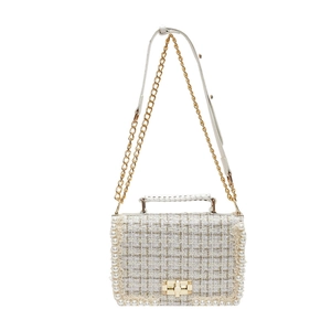 Elegant white tweed flap bag with pearl trim and gold chain strap for women fashion