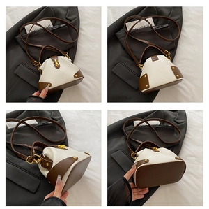 Four views of a white textured crossbody bag with brown trim and gold clasp detail