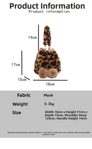 Detailed size specifications of plush leopard print bucket bag with measurements