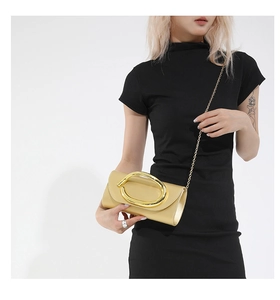 Detail of metallic gold shoulder bag with large oval metal handle and chain strap on model