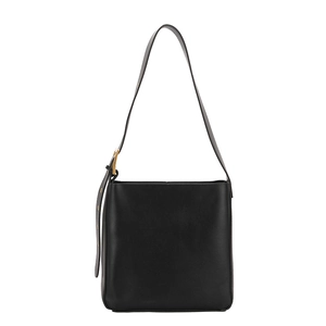 Classic black leather bucket shoulder bag with adjustable gold-tone metal hardware