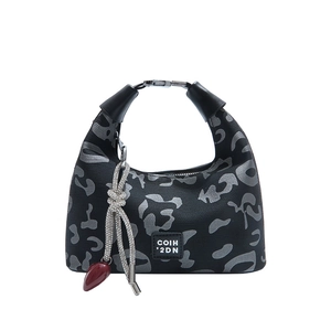 Black crescent hobo bag with grey leopard print and heart rhinestone charm