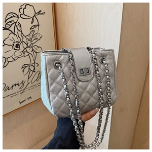 Detailed view of silver quilted crossbody bag with metallic chain strap and turn-lock