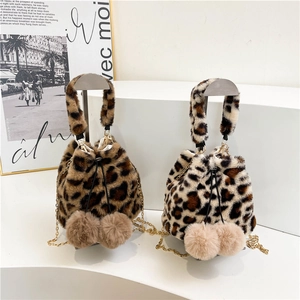 Leopard Print Faux Fur Bucket Bag With Pom Poms Drawstring Metal Chain Strap Crossbody Shoulder Handbag For Women