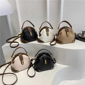 Women Retro PU Leather Doctor Handbag With Gold Metal Lock Contrast Color Lychee Texture Shoulder Crossbody Bag