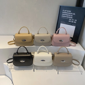 Detailed view of six colored saddle bags with silver metal twist locks and strap options