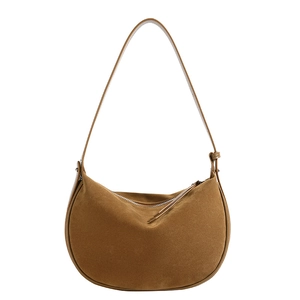 Vintage brown suede half-moon crossbody bag with minimalist matte leather finish