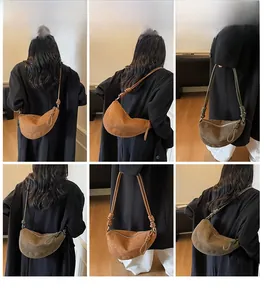 Detail shots of suede crescent moon bags in brown and olive green with knot straps