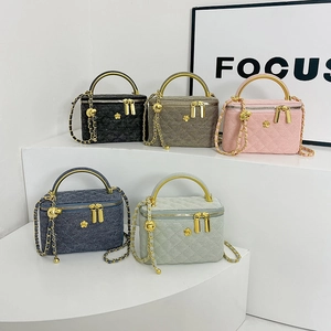 Quilted Diamond Crossbody Bag With Metal Handle Chain Strap Flower Charm Stylish Vanity Case Box Purse For Women
