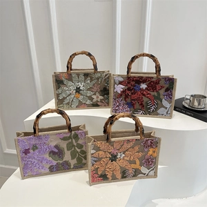 Vintage Bohemian Jute Tote Bag With Bamboo Handle Floral Sequin Embroidery Casual Vacation Handbag For Women