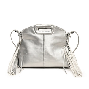 Detail of silver metallic tote bag featuring liquid metal gloss and long side fringes