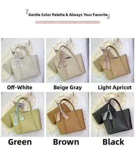 Detailed view of large tote bags in six colors with decorative floral silk scarves