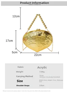 Paramètres de taille du sac de soirée coquillage doré avec poignée perle et acrylique