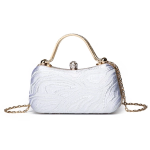 Elegant white ripple fabric evening clutch bag with gold rhinestone handle and chain strap