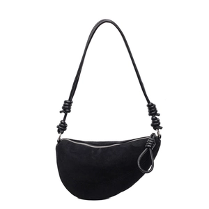 Black matte suede saddle bag with stylish knotted leather strap and minimalist design