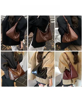 Three-color collage of large vintage PU leather tote bags with stylish knotted shoulder straps