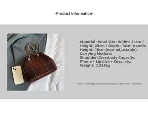 Detail view of red plaid wool bag with metal chain strap showing specific dimensions